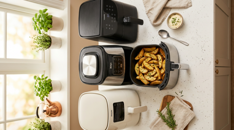 Three air fryers on a white kitchen counter, basket open with crispy potato wedges — KitchenDesk best air fryers 2026