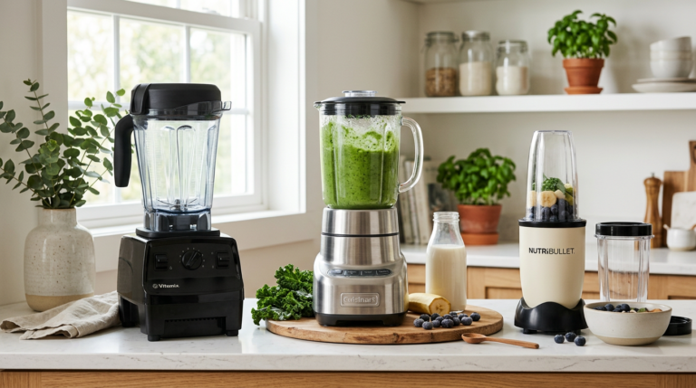 High-power blender, mid-range blender and personal blender with a green smoothie — KitchenDesk best blenders 2026