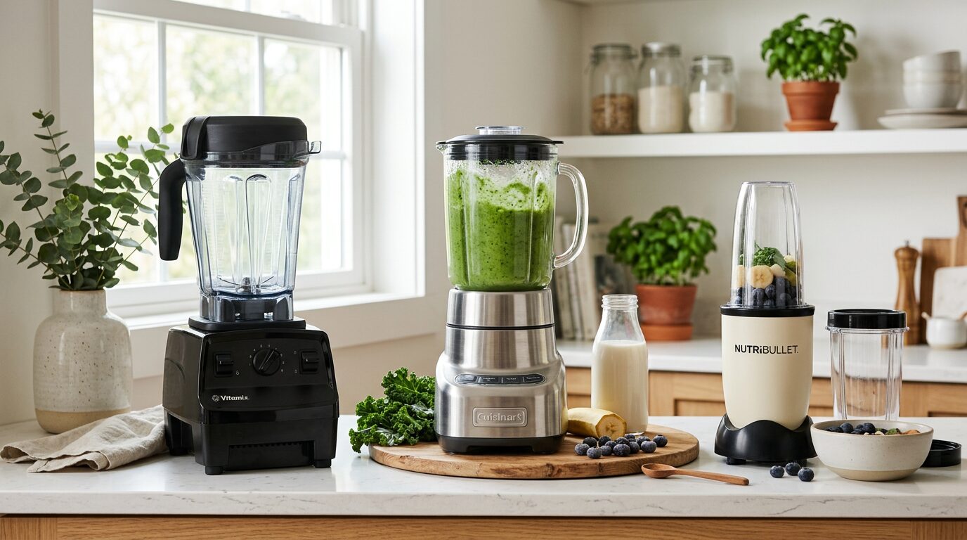 High-power blender, mid-range blender and personal blender with a green smoothie, KitchenDesk best blenders 2026