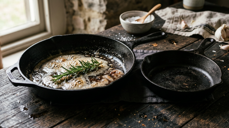 Two seasoned cast iron skillets on dark wood with sizzling butter and rosemary — KitchenDesk best cast iron skillets 2026