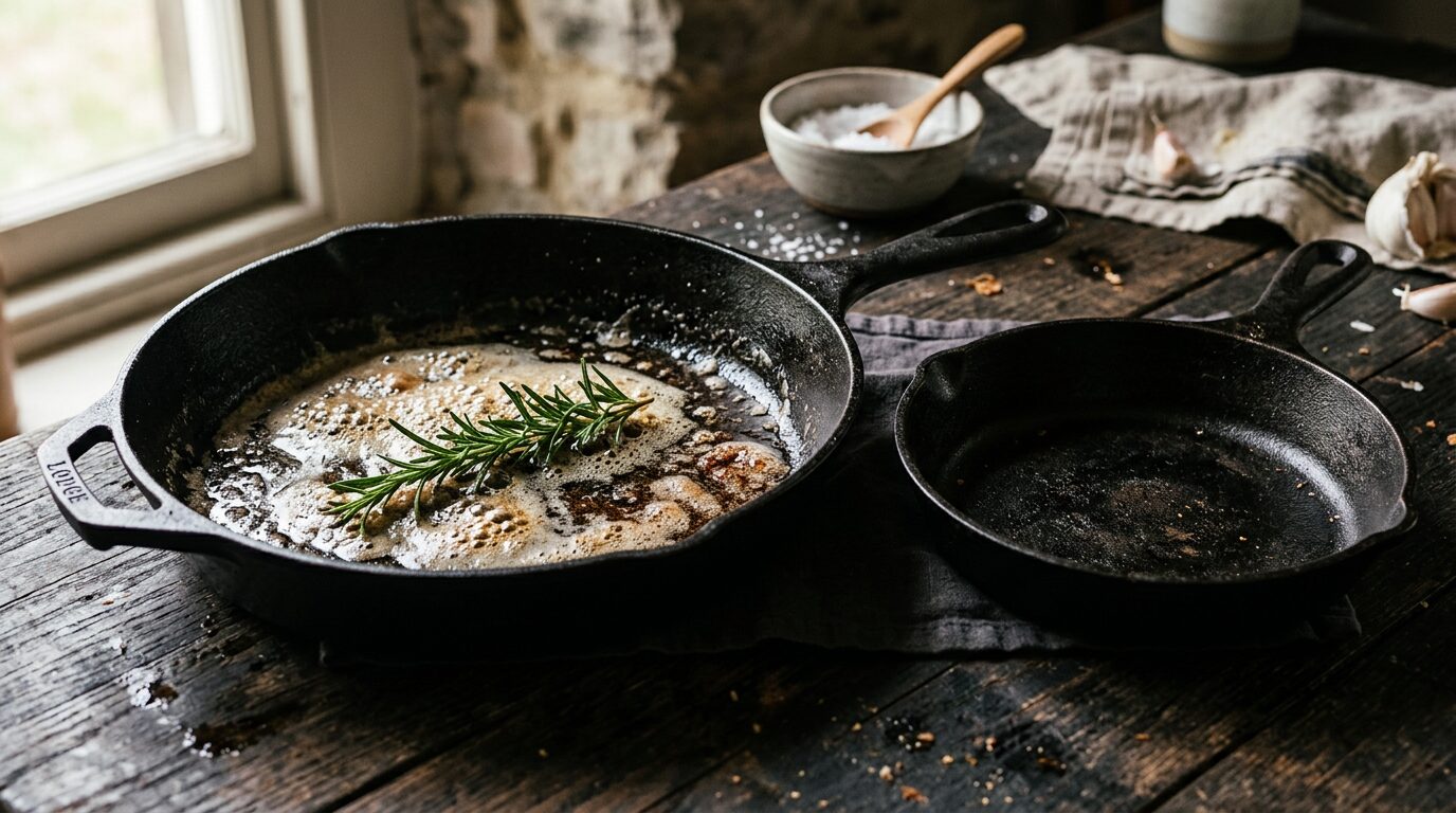 Two seasoned cast iron skillets on dark wood with sizzling butter and rosemary — KitchenDesk best cast iron skillets 2026