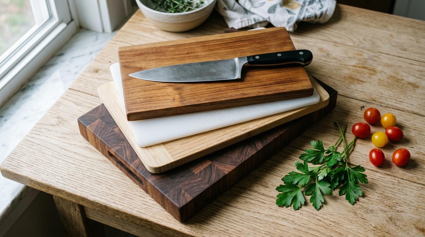 Walnut end-grain, bamboo, plastic and teak cutting boards stacked with a chef knife KitchenDesk best cutting boards 2026″/ loading=
