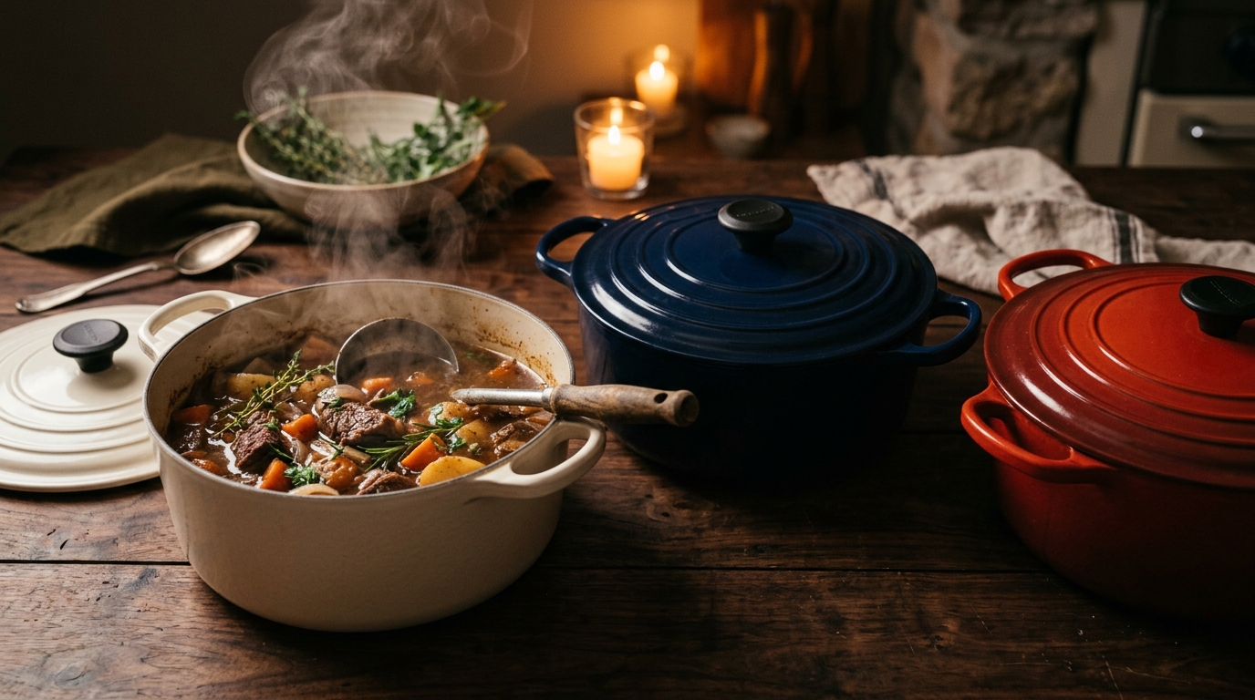 Three enameled dutch ovens in cream, navy and red on dark walnut with braised beef stew, KitchenDesk best dutch ovens 2026