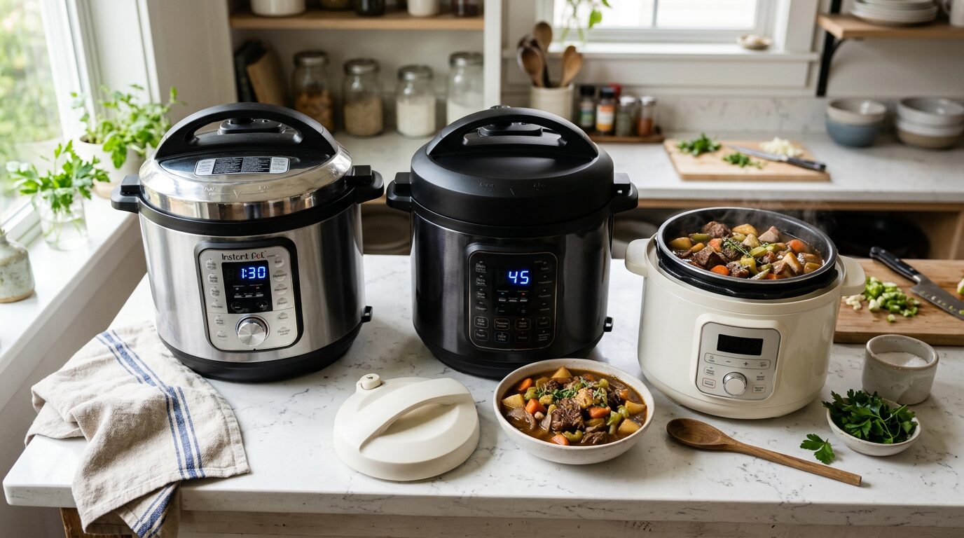 Three electric pressure cookers on a kitchen counter with rich beef stew steaming from the open lid — KitchenDesk best instant pots 2026
