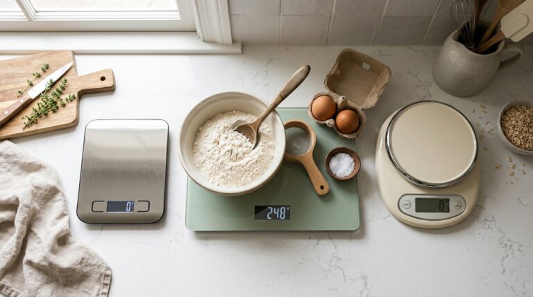 Three digital kitchen scales with flour being weighed beside a ceramic bowl and eggs — KitchenDesk best kitchen scales 2026