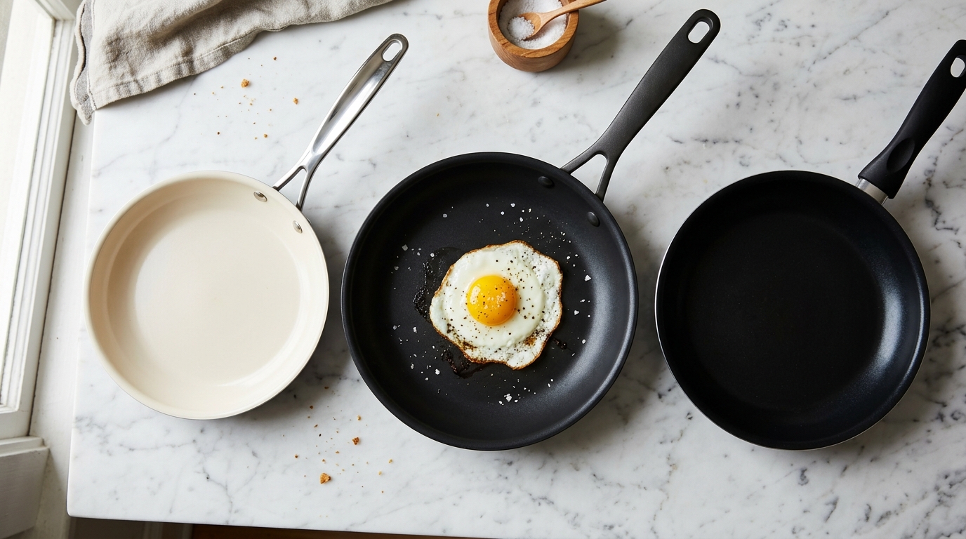Three nonstick frying pans on white marble with a golden over-easy egg — KitchenDesk best nonstick pans 2026