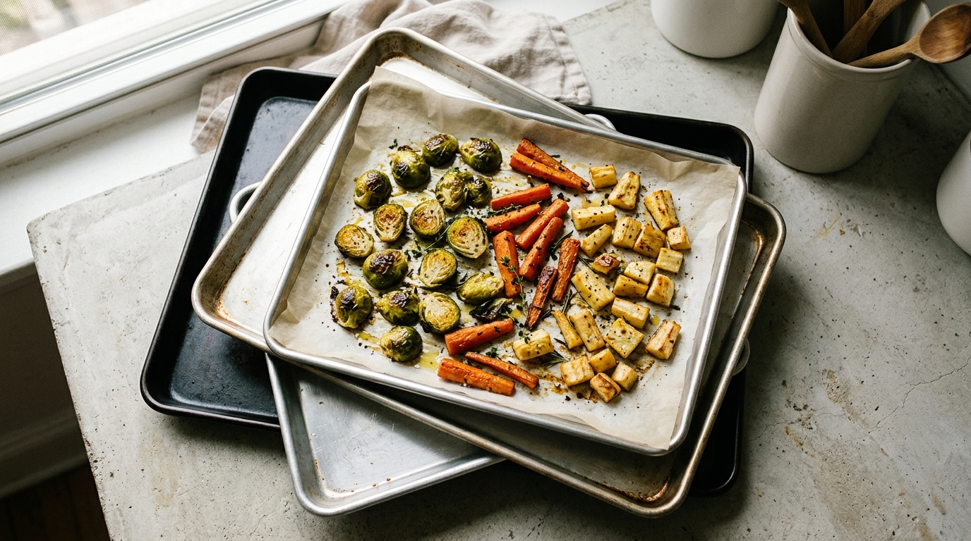 Three half-sheet pans stacked with golden roasted Brussels sprouts, carrots and parsnips — KitchenDesk best sheet pans 2026