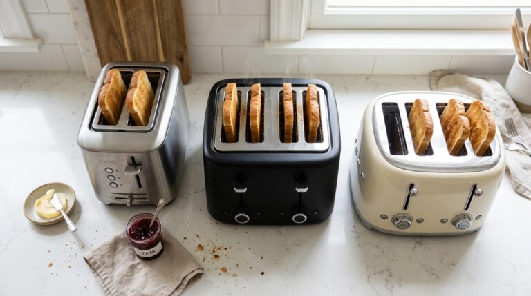 Two and four-slice toasters on a white kitchen counter with golden-brown toast — KitchenDesk best toasters 2026