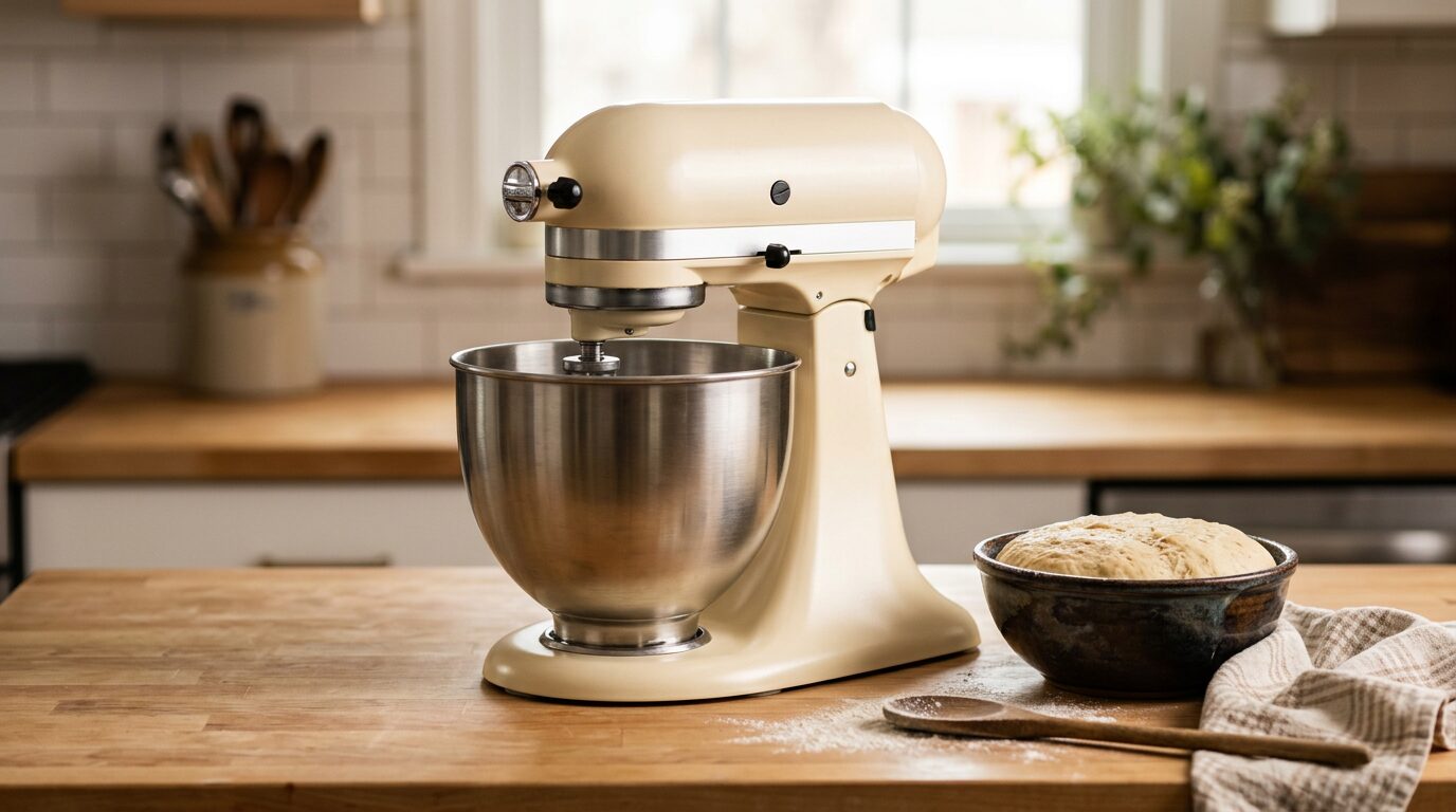 Classic tilt-head stand mixer with curved profile in pastel cream on a warm wood counter — KitchenDesk KitchenAid Artisan 5-quart stand mixer review
