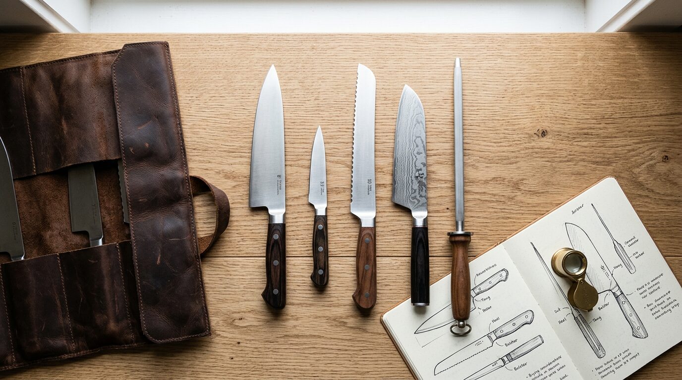 Buying-guide flatlay with chef knife paring knife, bread knife, santoku and honing rod on light wood, KitchenDesk knife buying guide”/ loading=