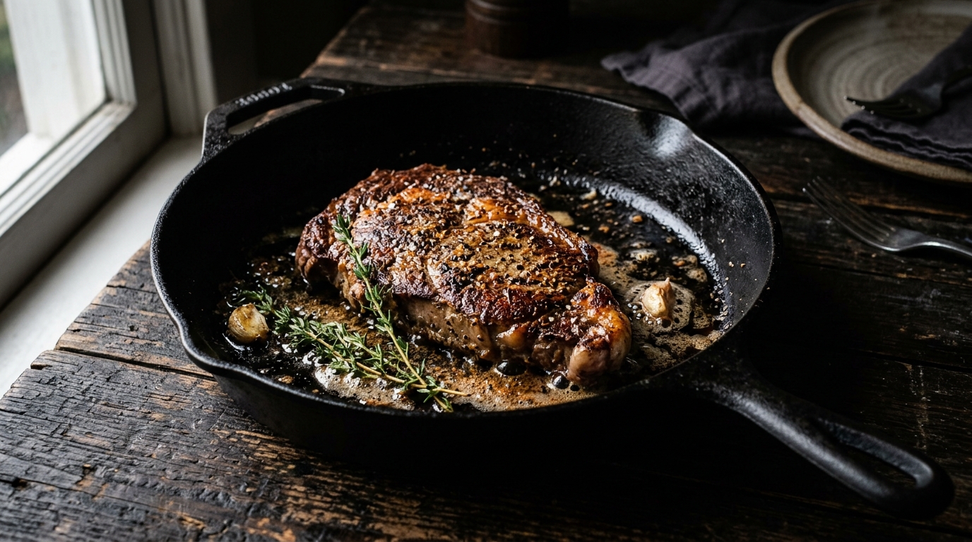 Seasoned 12-inch cast iron skillet on dark wood with a seared steak, browned butter and thyme — KitchenDesk Lodge 12-inch cast iron skillet review