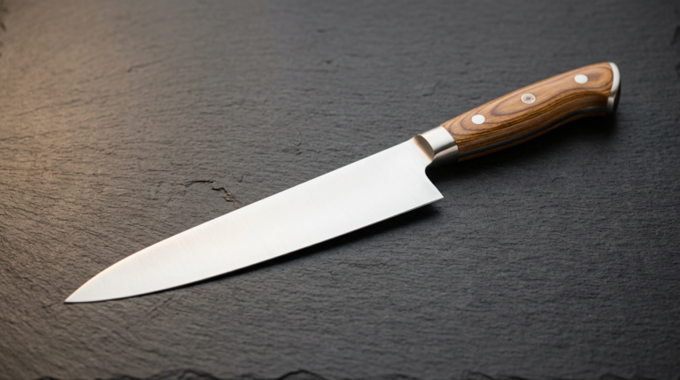 Thin Japanese 8-inch chef knife with tan Pakkawood handle on dark slate — KitchenDesk MAC MTH-80 chef knife review