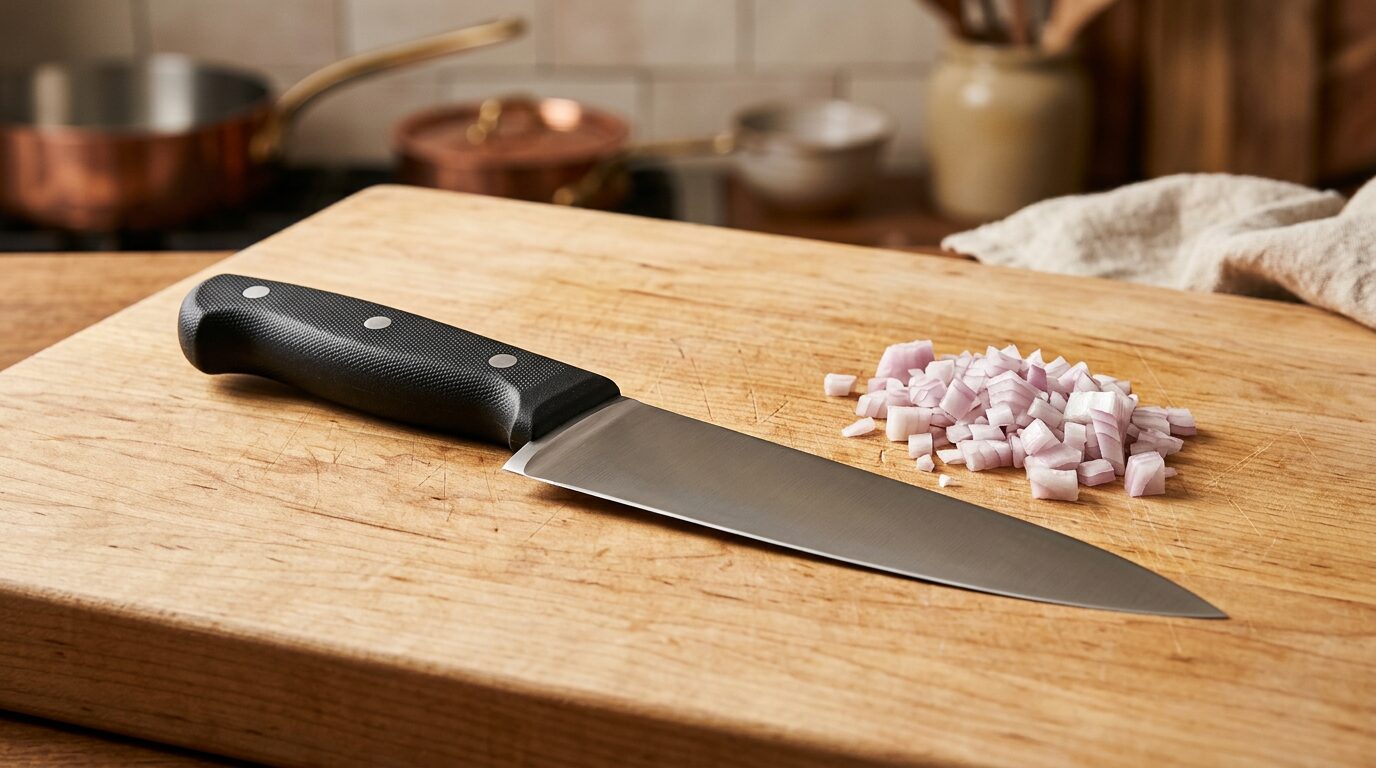 Swiss 8-inch chef knife with black ergonomic Fibrox handle on a maple cutting board, KitchenDesk Victorinox Fibrox Pro 8 chef knife review”/ loading=