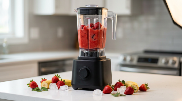High-power blender mid-blend with a vibrant strawberry smoothie on a white counter — KitchenDesk Vitamix 5200 blender review