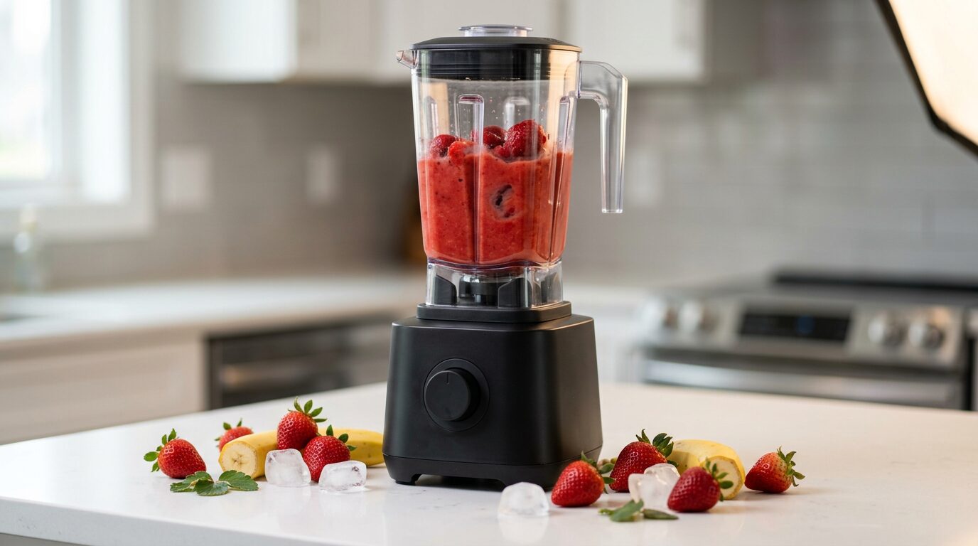 High-power blender mid-blend with a vibrant strawberry smoothie on a white counter — KitchenDesk Vitamix 5200 blender review