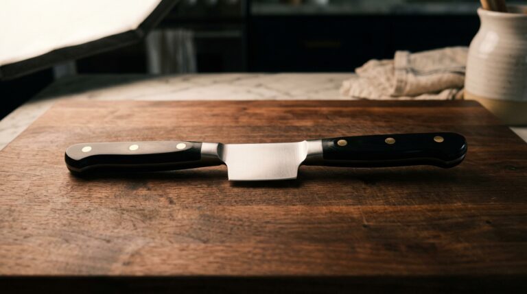 Forged 8-inch German-style chef knife with riveted black handle on dark walnut — KitchenDesk Wüsthof Classic 8 chef knife review
