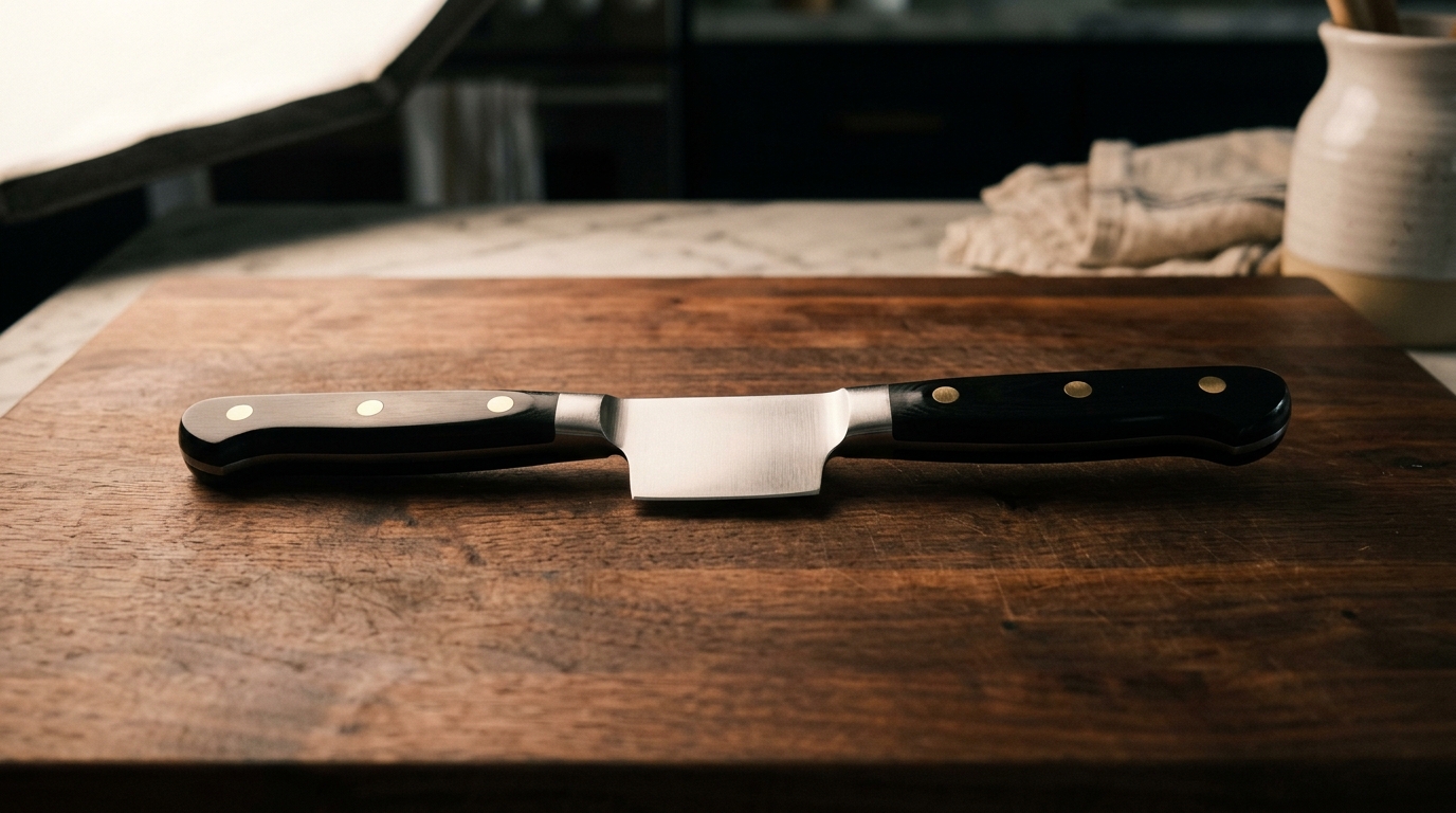 Forged 8-inch German-style chef knife with riveted black handle on dark walnut, KitchenDesk Wüsthof Classic 8 chef knife review