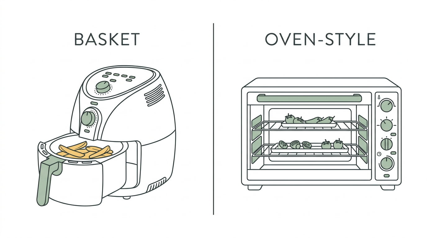 Basket air fryer vs oven-style air fryer diagram