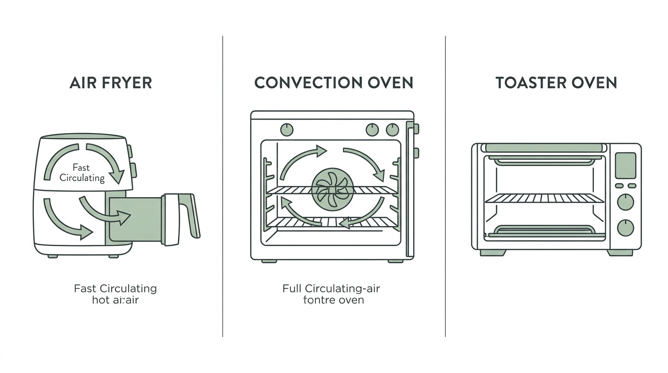 Air fryer vs convection oven vs toaster oven heat-circulation diagram