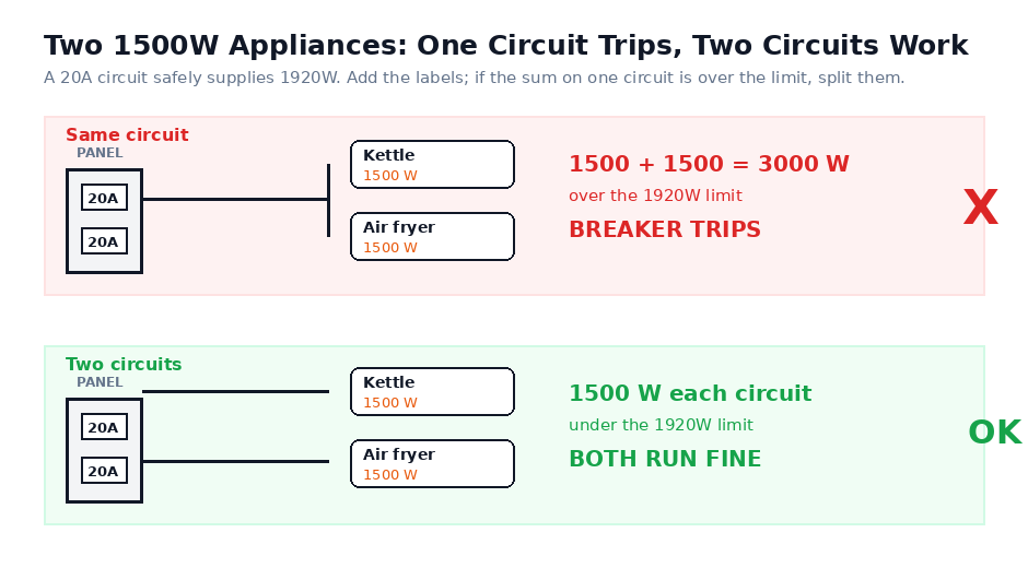 Diagram showing two 1500W appliances on one 20A circuit tripping the breaker versus split across two circuits running fine