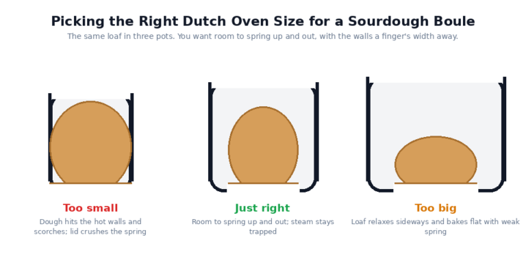 Cross-section diagram of a sourdough boule in a too-small, just-right, and too-big Dutch oven