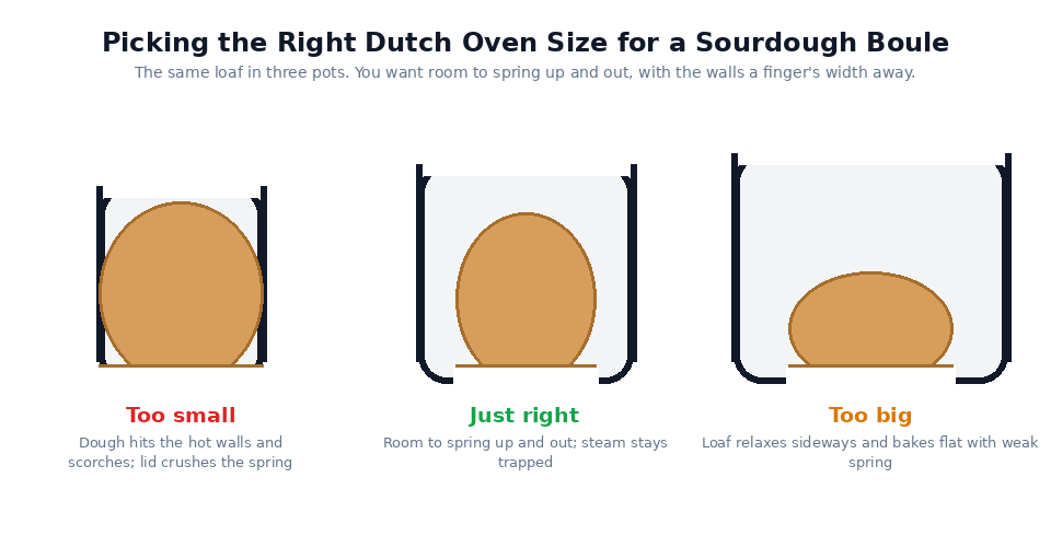 Cross-section of a sourdough boule in a too-small, just-right, and too-big Dutch oven