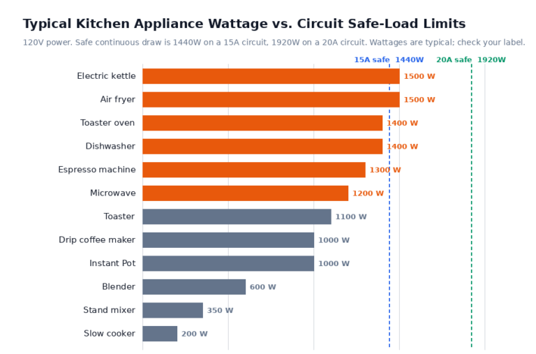 Bar chart of typical kitchen appliance wattage with the 1440W (15A) and 1920W (20A) circuit safe-load limits marked