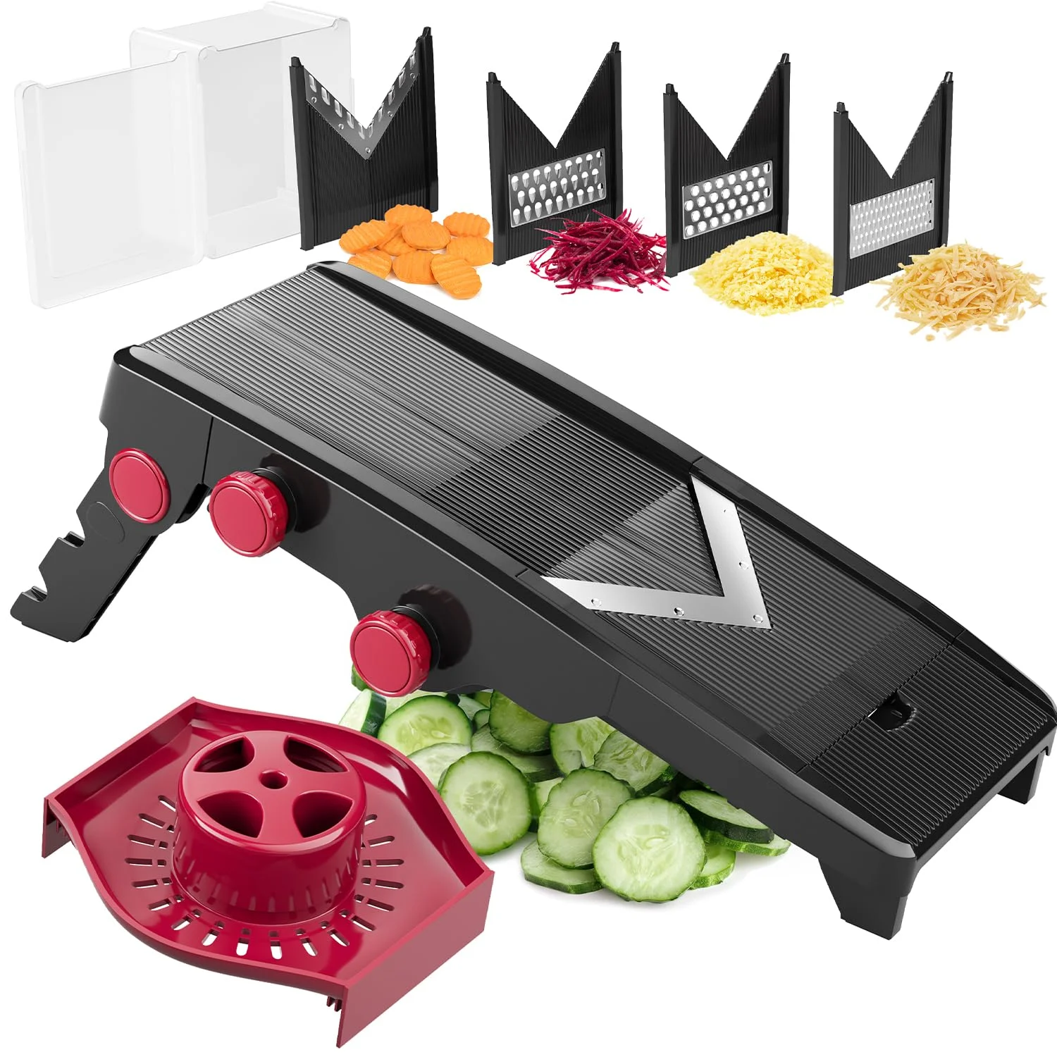 Mueller Austria mandoline slicer set with adjustable thickness dials, julienne and grating inserts, and sliced cucumbers