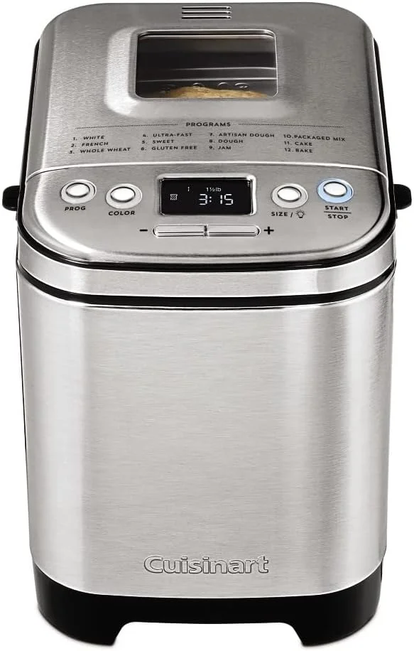 Cuisinart Compact Automatic Bread Maker control panel and viewing window showing dough during a bake cycle