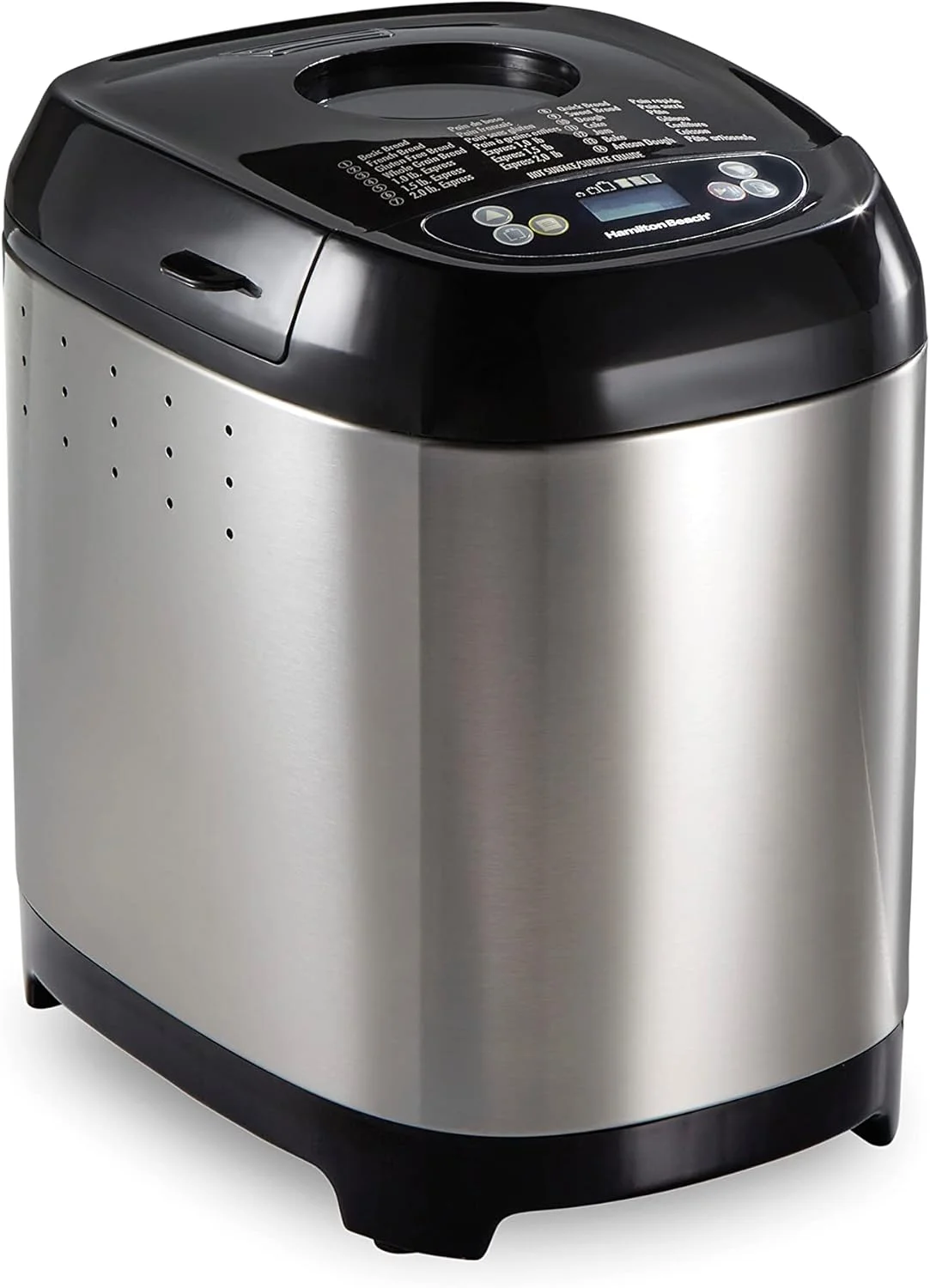Hamilton Beach Premium Dough and Bread Maker shown from a side angle with its programmable control panel