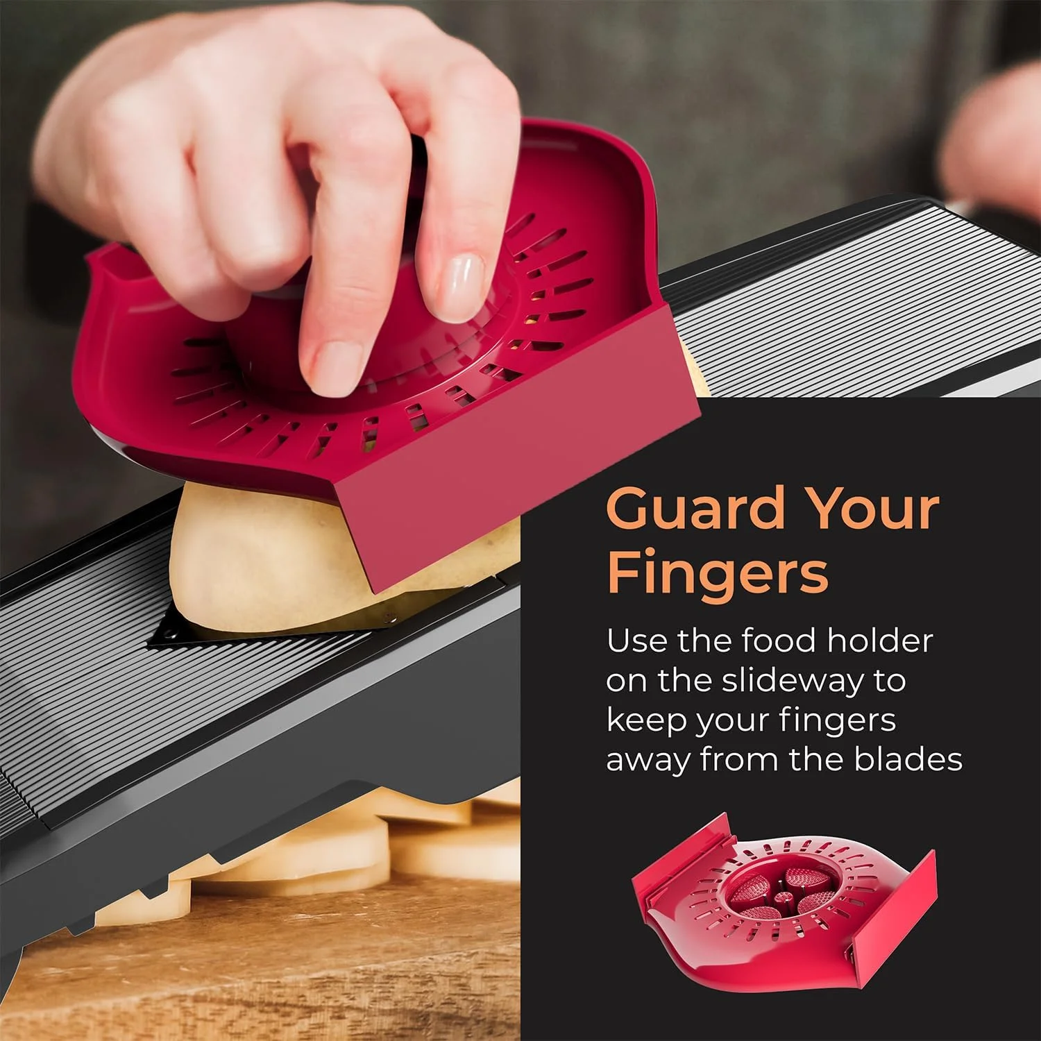Hand guard in use on the Mueller Austria, the best mandoline for beginners learning safe slicing technique