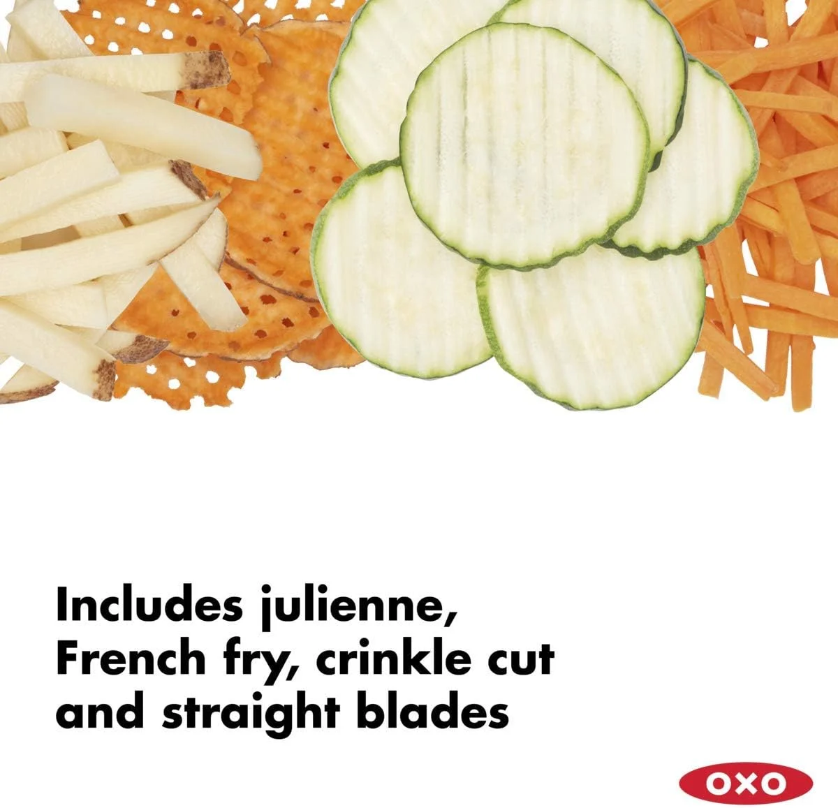 Vegetables julienned and sliced with the OXO Good Grips mandoline slicer 2.0